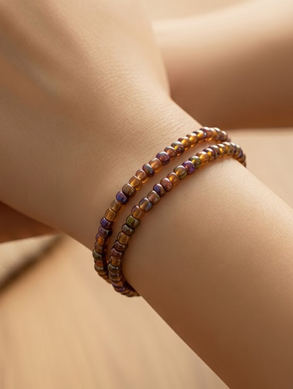 Iridescent Beaded Bracelet Set Boho Earthy Holographic Seed Bead Shimmer Stack
